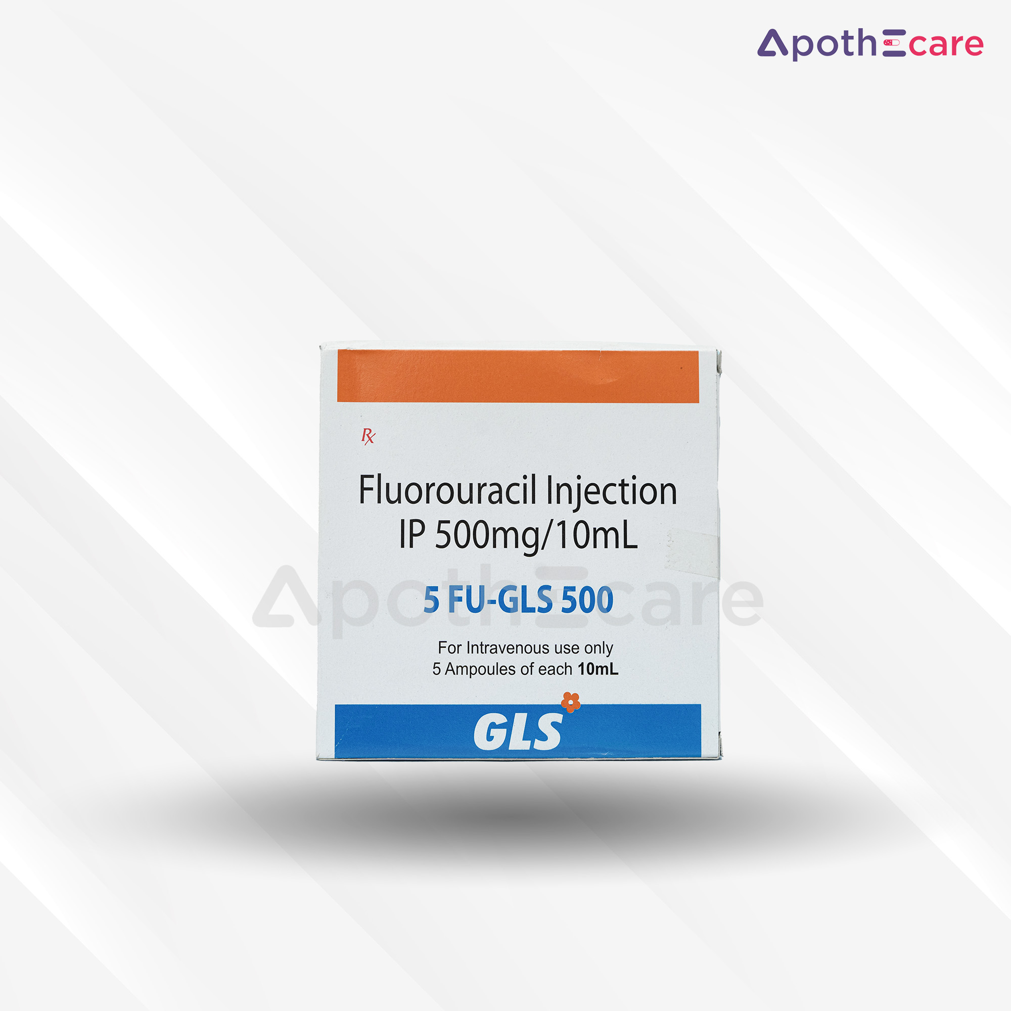 5-FU GLS 500mg ampoule pack of 5, used in cancer treatment.