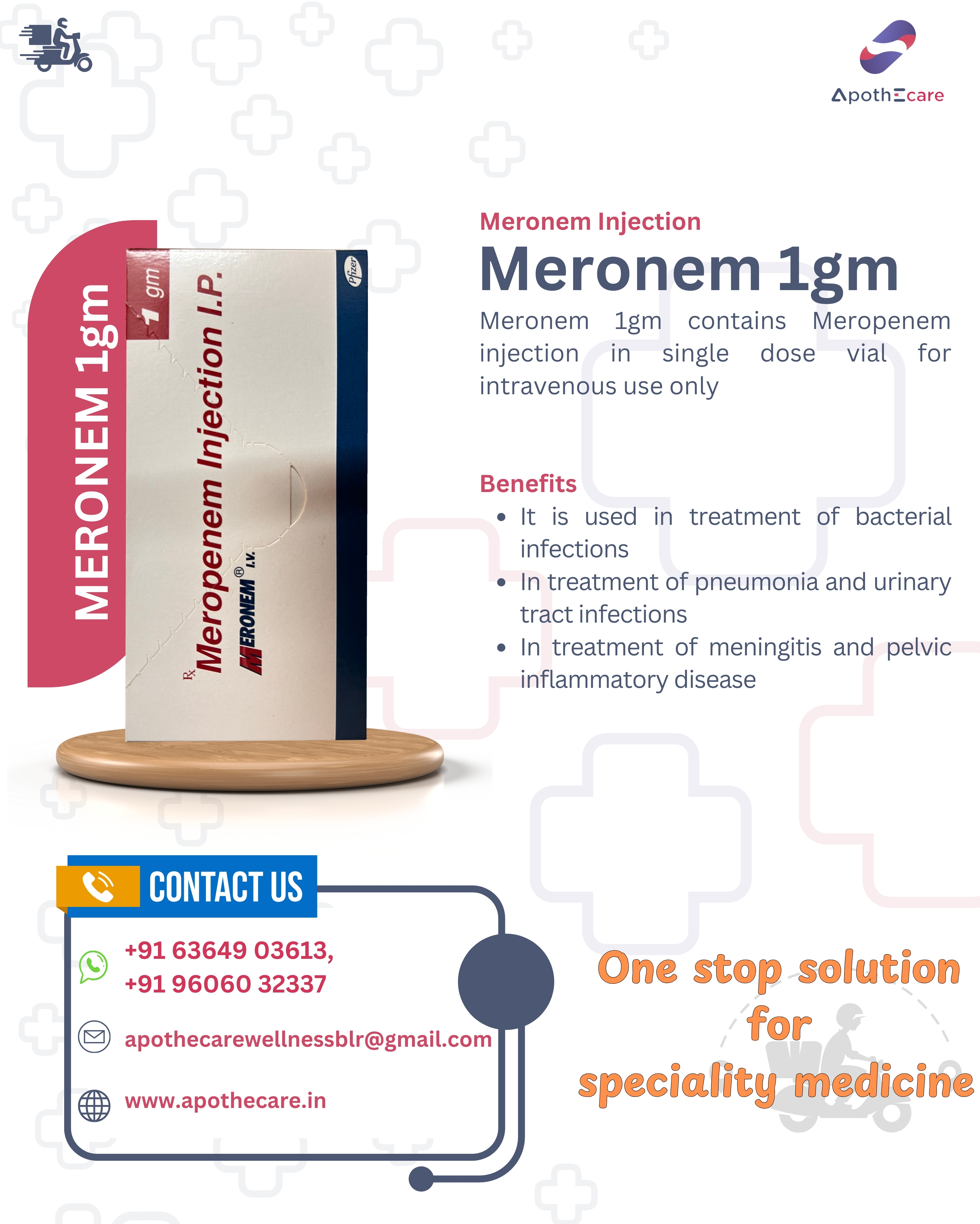 Meronem 1gm Injection, used to treat severe bacterial infections.