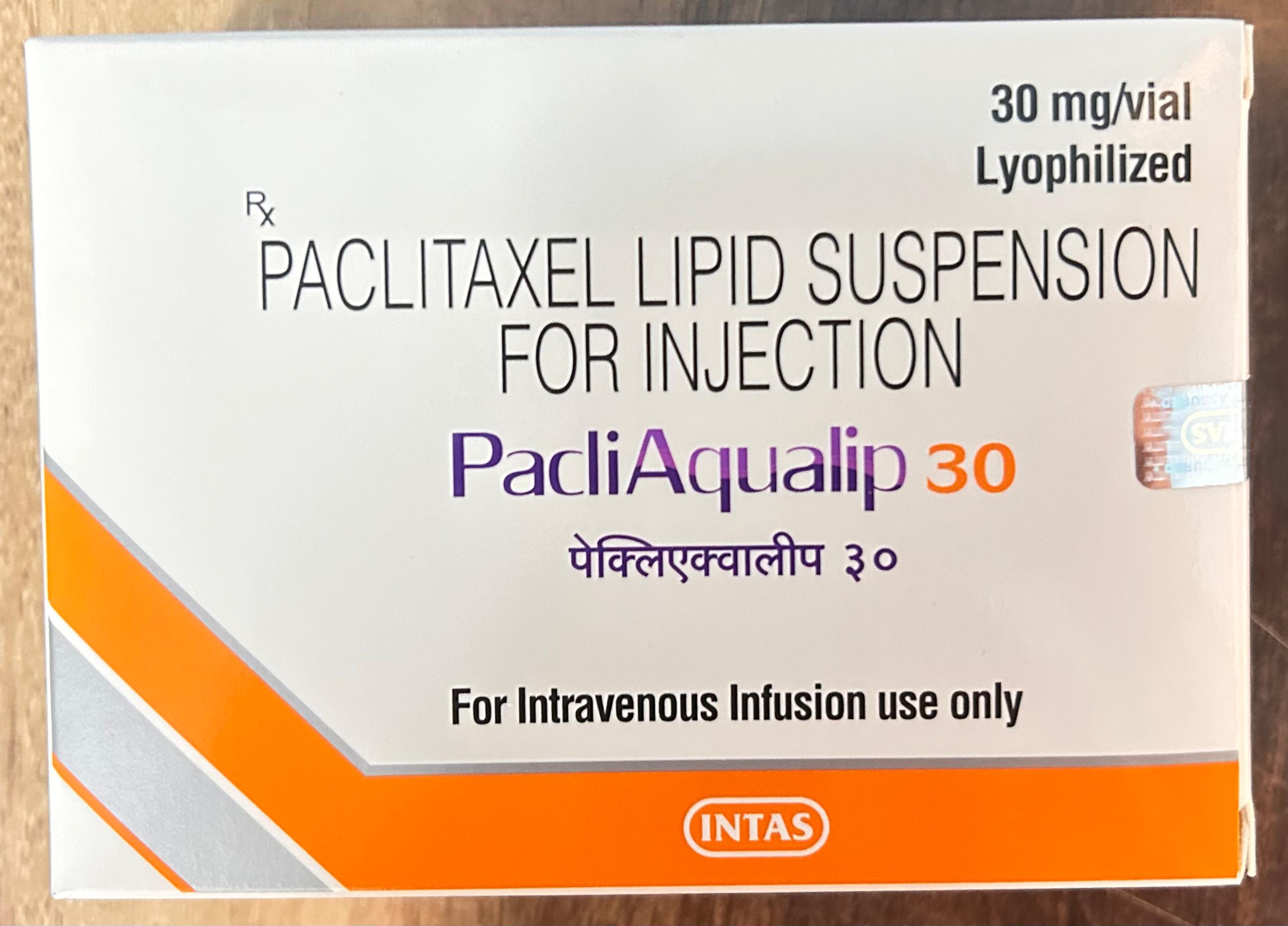 PacliAqualip 30mg Injection, used to treat a variety of cancers, such as Kaposi's sarcoma, lung cancer, ovarian cancer, and breast cancer.