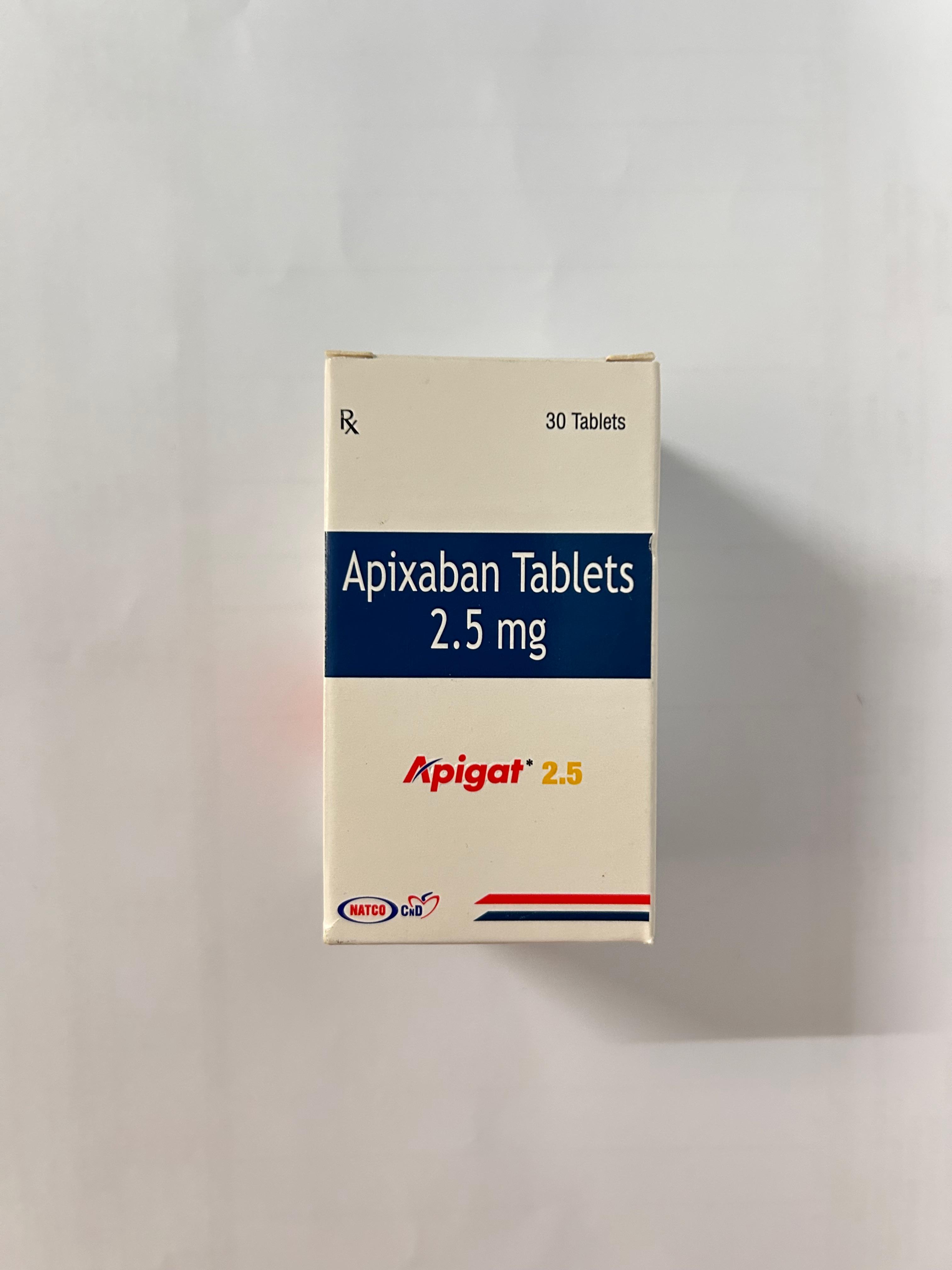 Apigat 2.5mg Tablet, a selective inhibitor of Factor Xa, which is crucial in the coagulation cascade.
