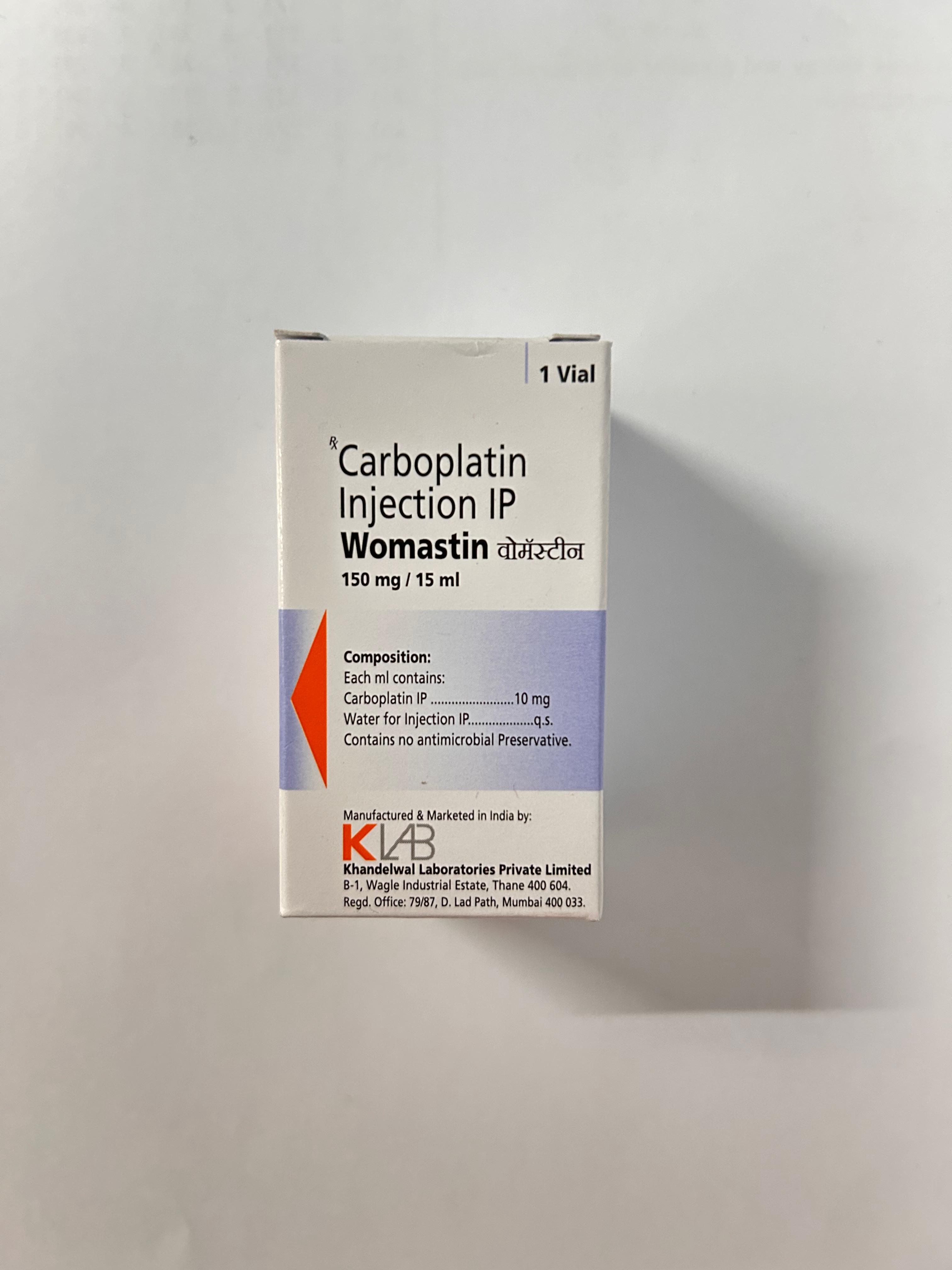 Womastin 150mg Injection, which is a platinum-based chemotherapy drug used to treat various types of cancer.