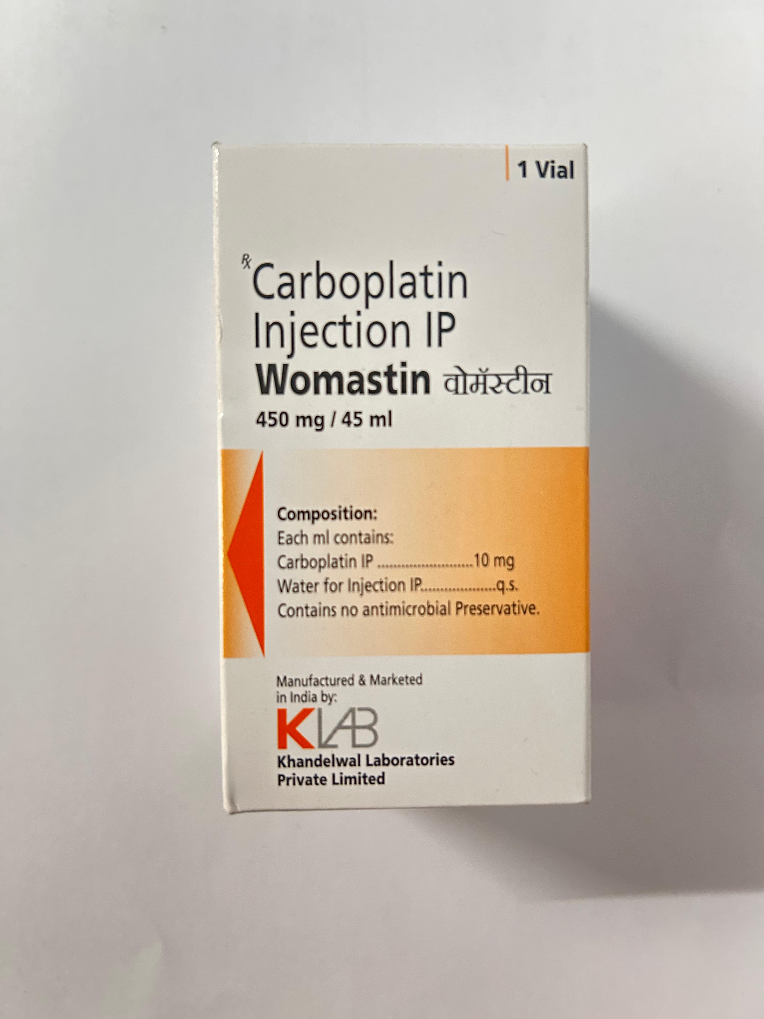 Womastin 450mg Injection, which is a platinum-based chemotherapy drug used to treat various types of cancer.