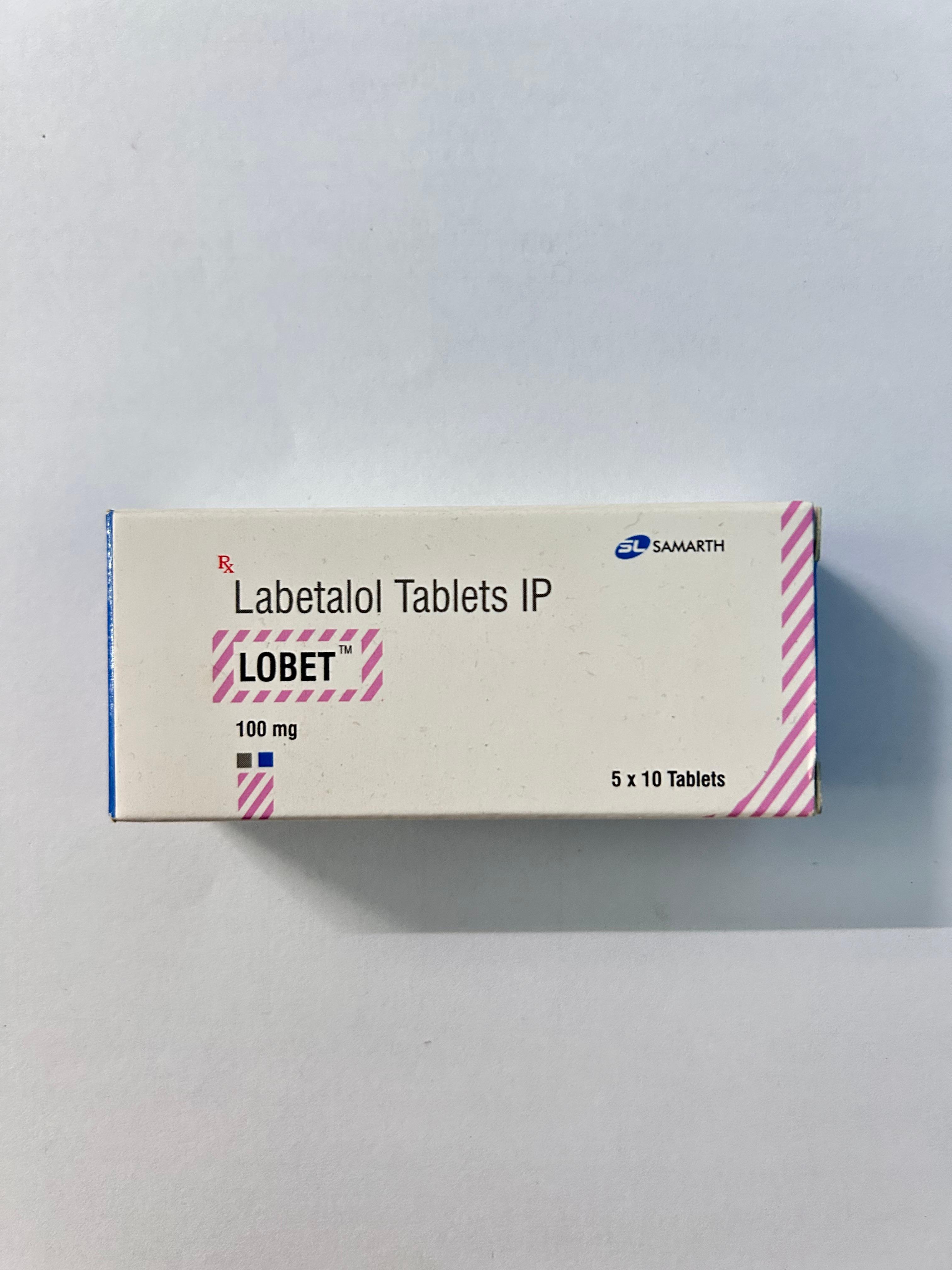 Lobet 100mg Tablet, used to treat high blood pressure, such as in pregnancy-induced hypertension.