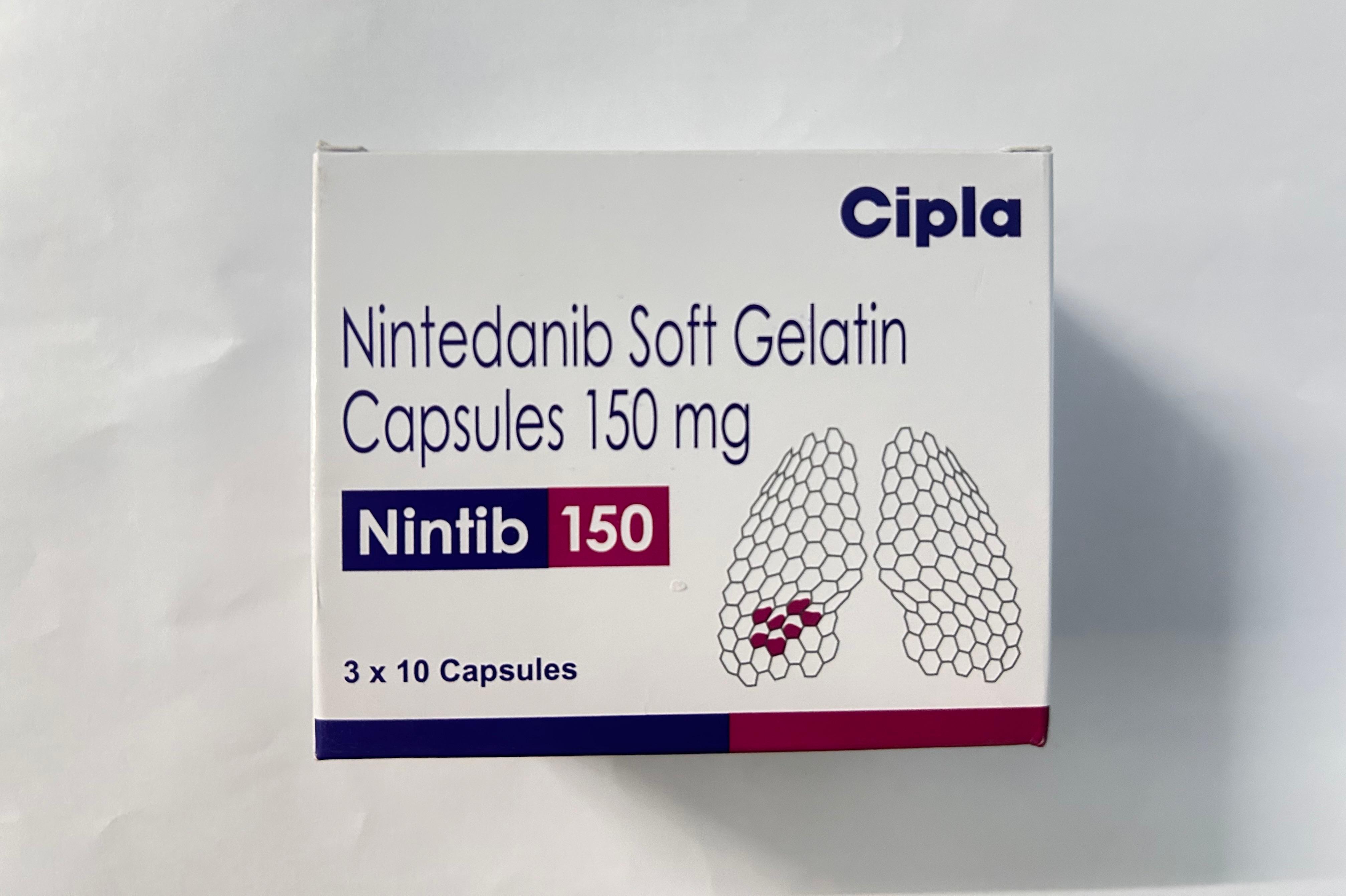 Nintib 150mg Capsule, used in the management of fibrotic lung diseases and certain types of cancers.