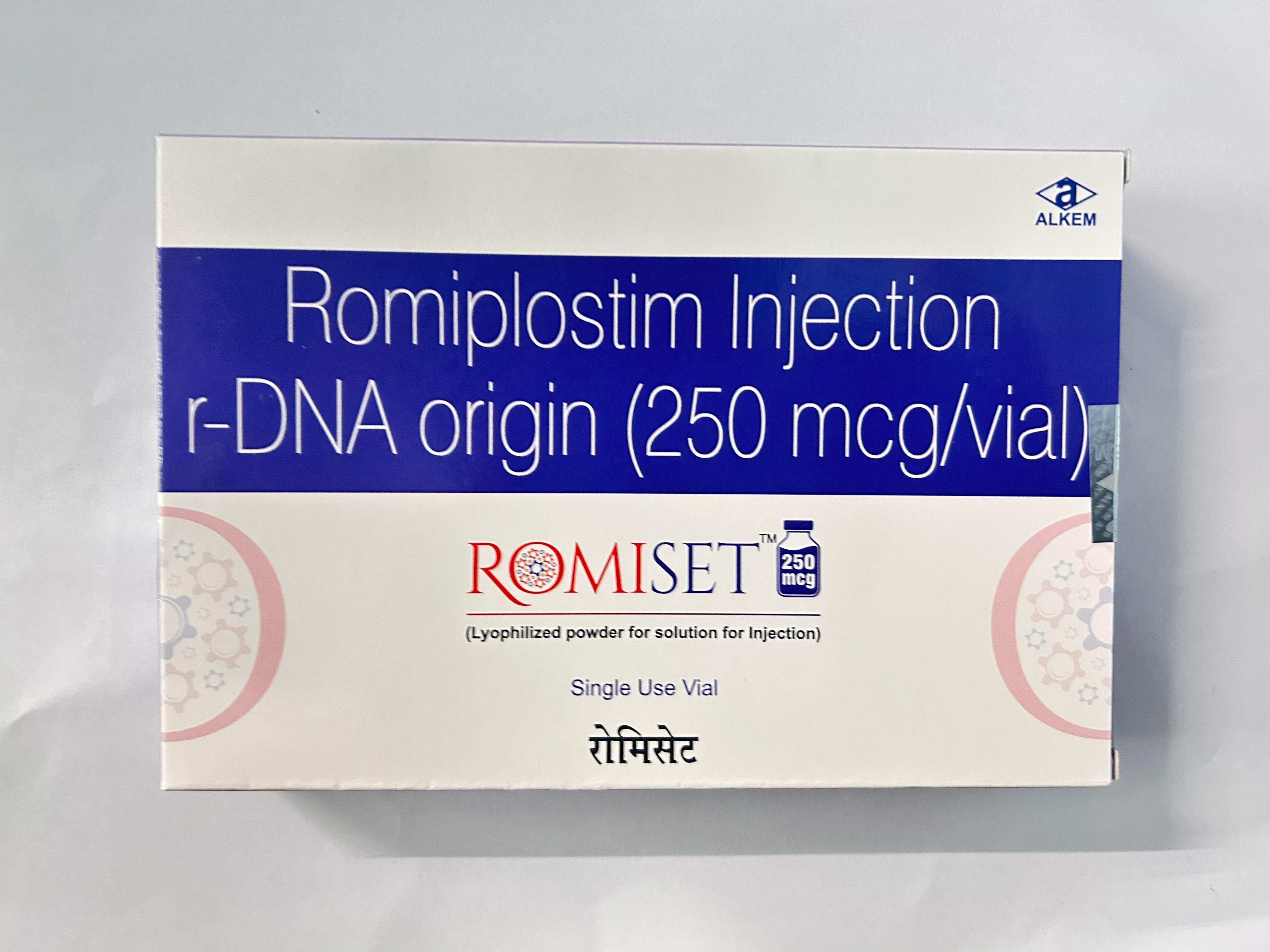 Romiset 250mcg Injection, is a thrombopoietin receptor agonist used primarily to treat thrombocytopenia