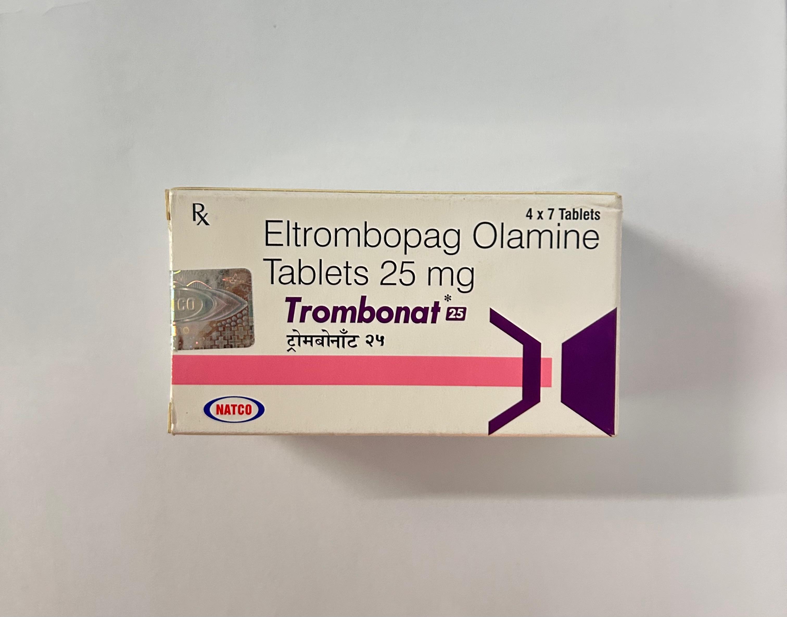 Trombonat 25mg Tablet, is used to treat low platelet counts brought on by chronic hepatitis C virus infection or chronic immunological  thrombocytopenic purpura.