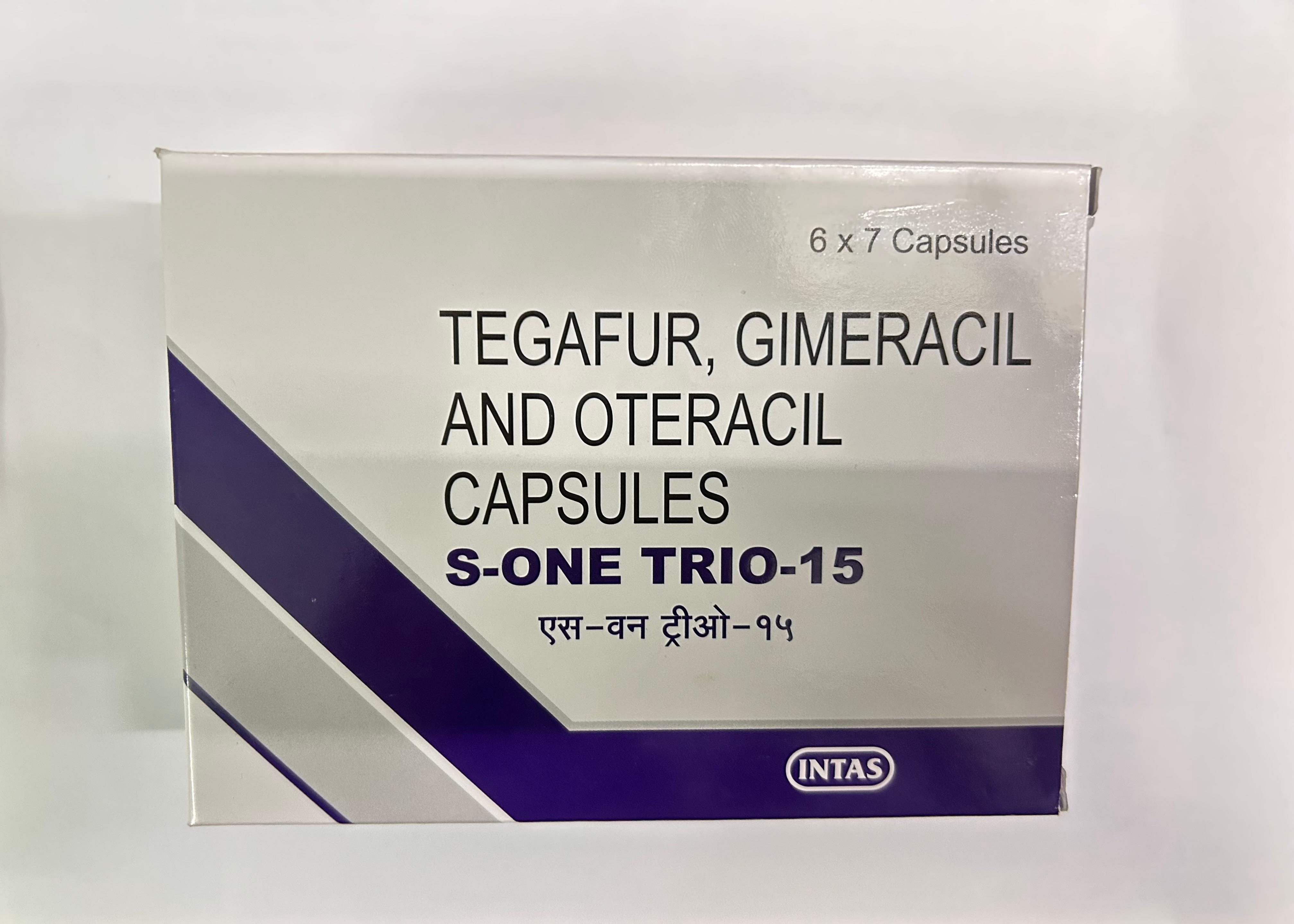 S-One Trio 15mg Capsules, used in the treatment of certain types of cancers such as gastric, colorectal, and other solid tumors.