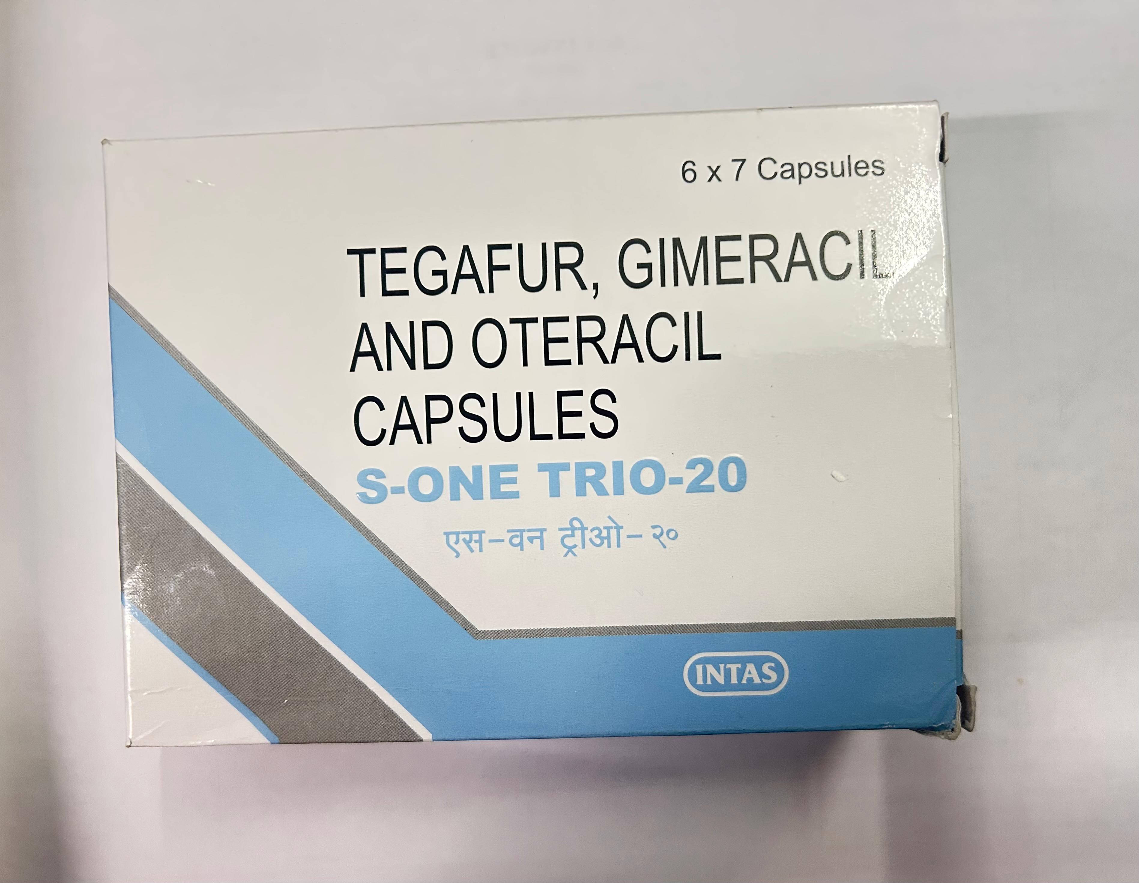 S-One Trio 20mg Capsule, used in the treatment of certain types of cancers such as gastric, colorectal, and other solid tumors.