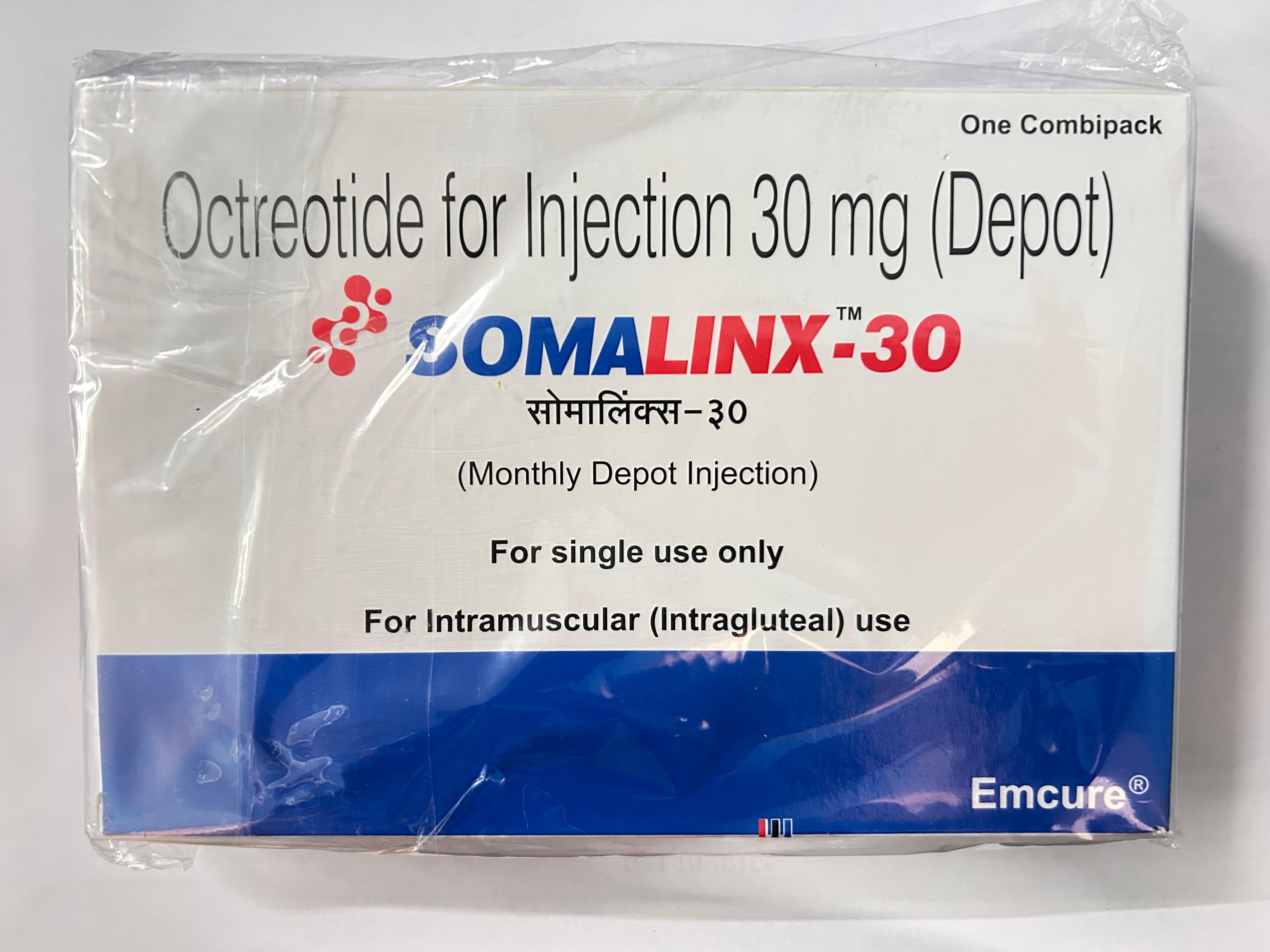 Somalinx 30mg Injection, is used to manage conditions related to excessive hormone secretion, especially from tumors, and to manage gastrointestinal symptoms.