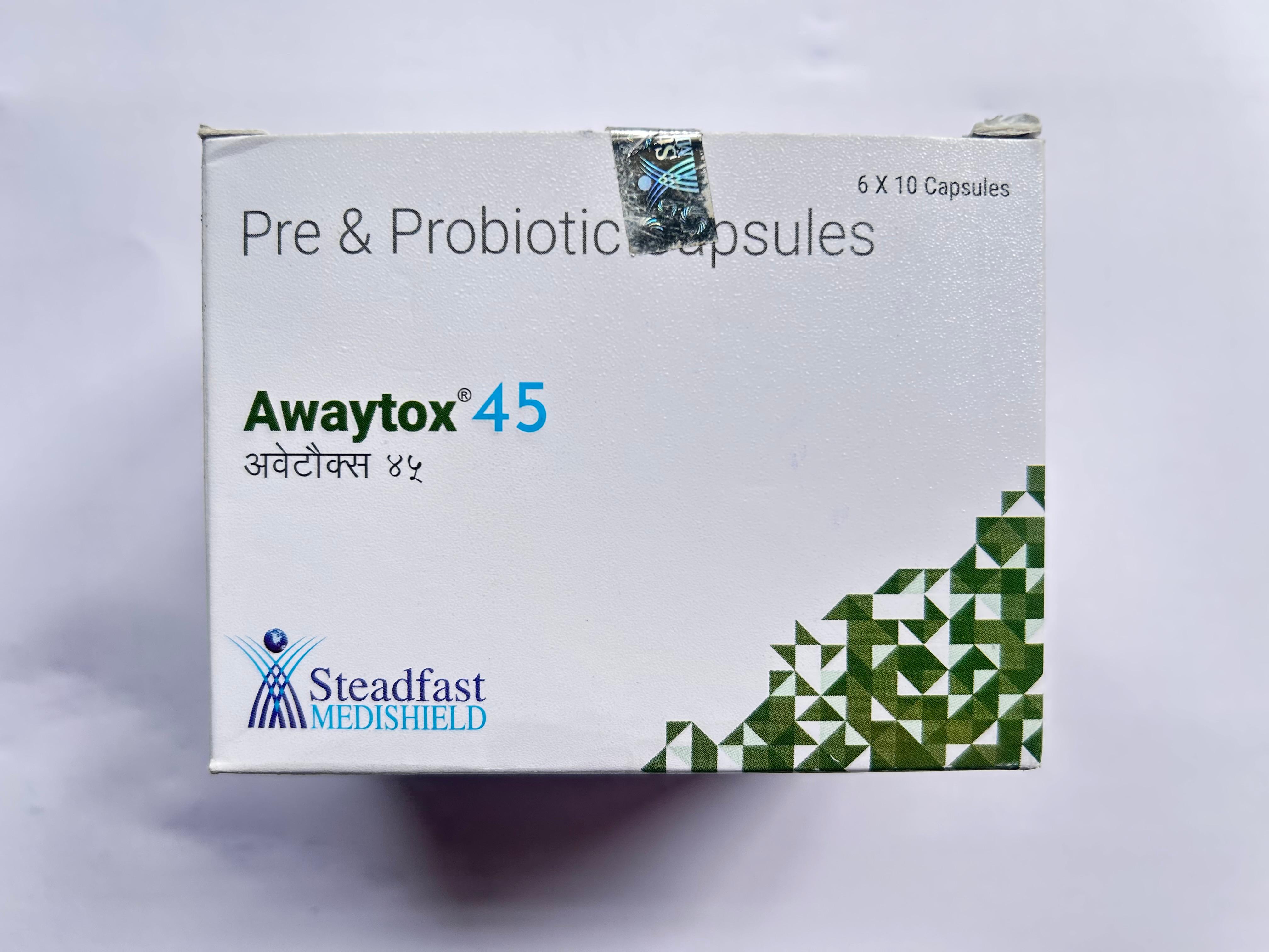 Awaytox 45 Capsule helps treat chronic kidney disease and gastrointestinal disorders brought on by antibiotics.