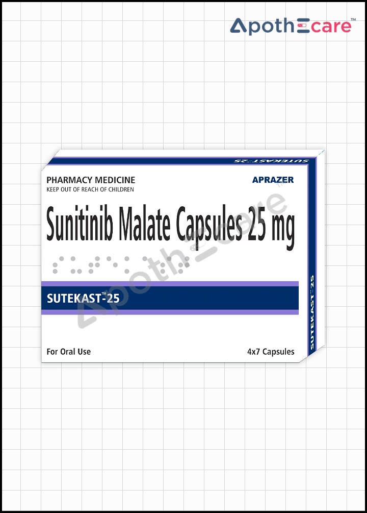Sutekast 25mg Capsules Used to treat Metastatic Renal Cell Carcinoma, Gastrointestinal Cancer, Pancreatic Cancer