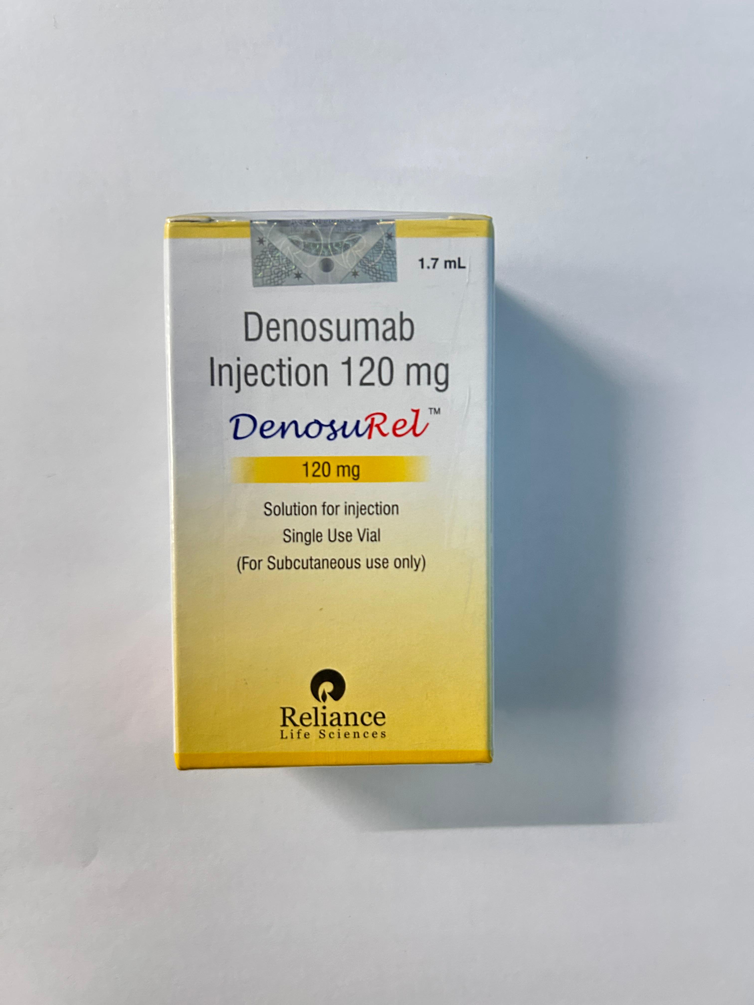 Denosurel 120mg Injection, used to treat osteoporosis and avoid bone problems in cancer patients.
