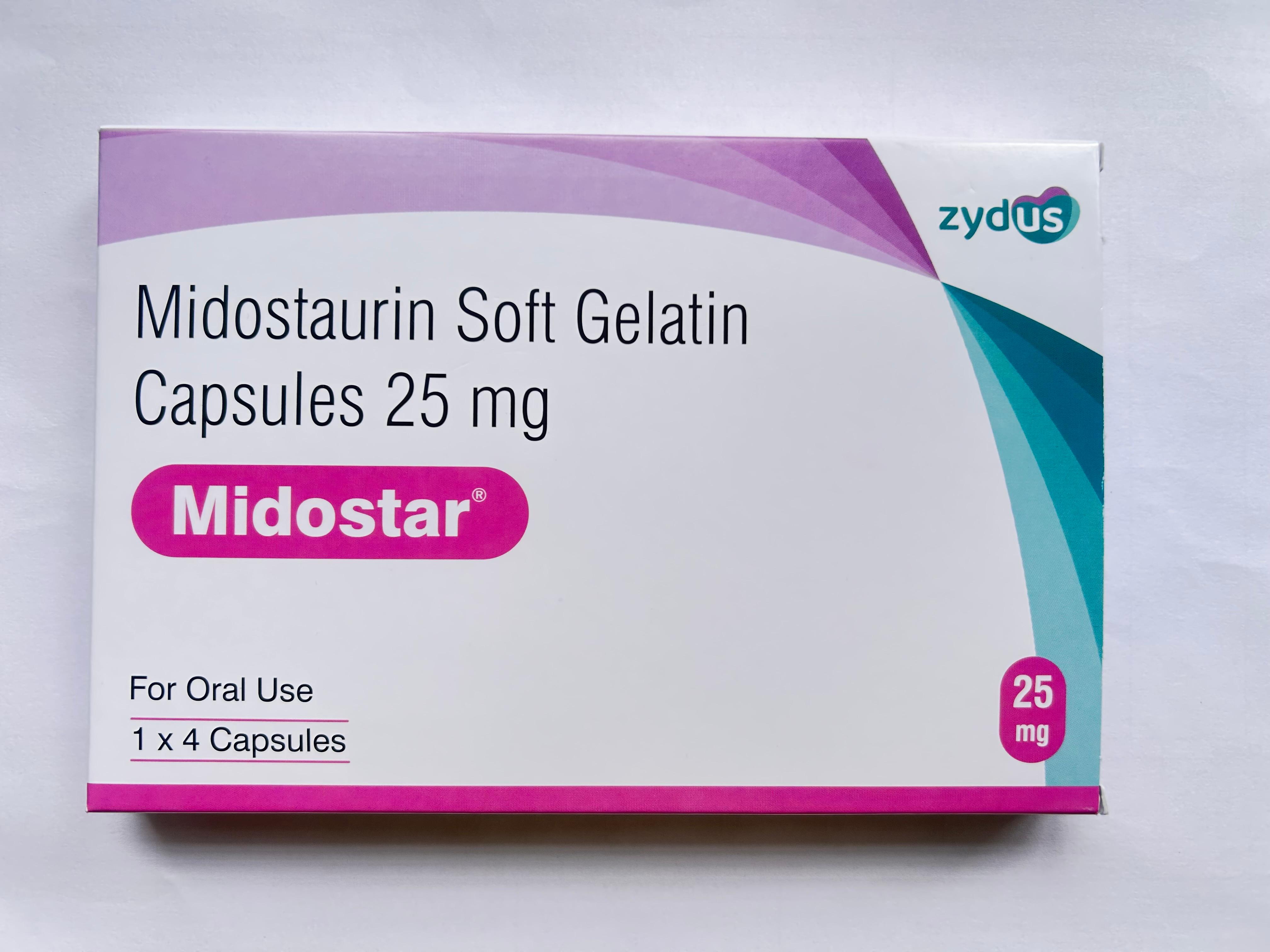 Midostar 25mg Capsule used in the treatment of acute myeloid leukemia.